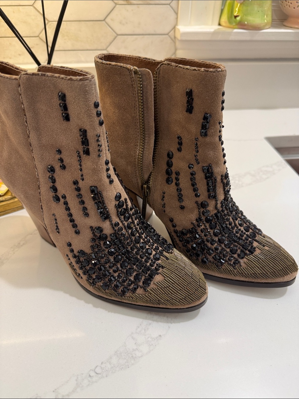 Donald Pliner Couture Suede Ankle Boots with Black and bronze beading